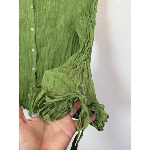 Jaipur Y2K Crinkle Green Tie Sleeve Button-Up Blouse Whimsical Fairycore M - Image 4