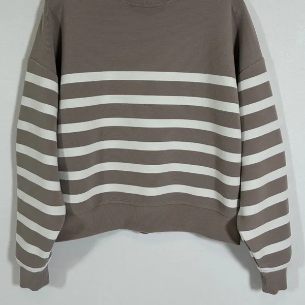 CALIA Womens M Taupe White Striped Mock Neck Cropped Pullover Sweatshirt - Image 10