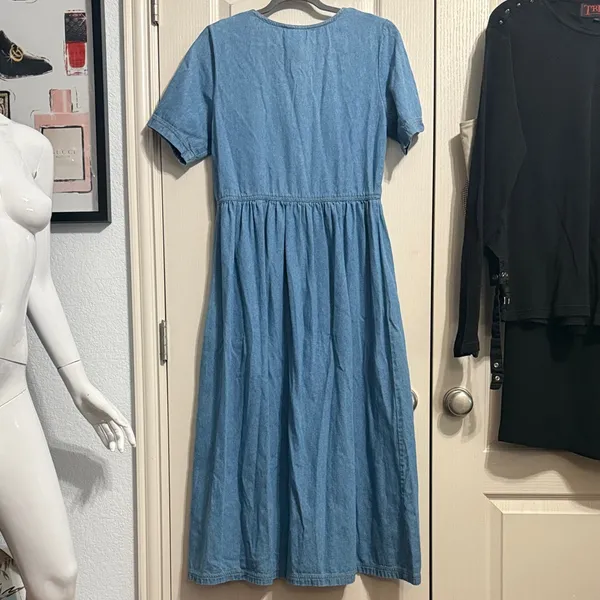 Vintage 90s‎ Denim Button Down Midi Dress Cottagecore Minimalist Prairie Western - Image 4