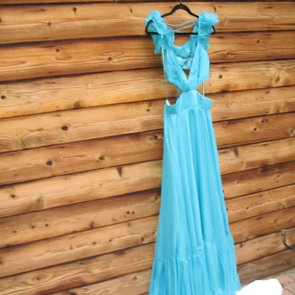 Mac Duggal 70254 Womens Blue Ruffled Shoulder Cut Out Lace Up Gown Dress - Image 10