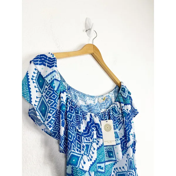 NWT RAMY Brook Milo Blue Printed Off The Shoulder Cropped Top Large Ruffle - Image 8