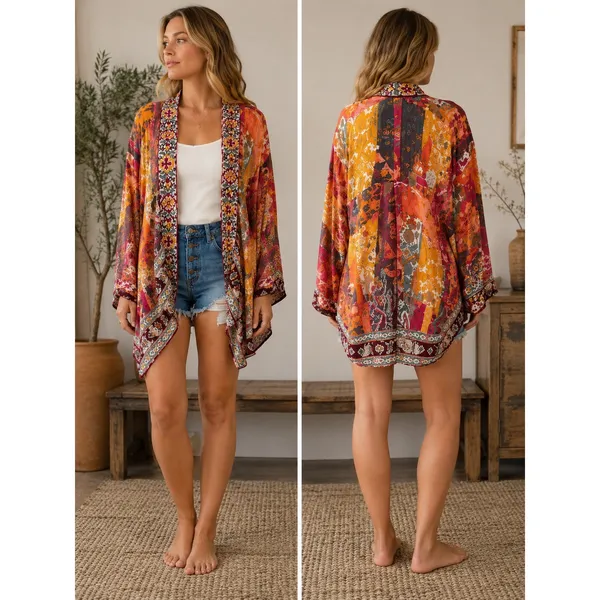 Love Kyla Boho Kimono Cardigan Womens One Size Embroidered Patchwork Viscose - Image 2