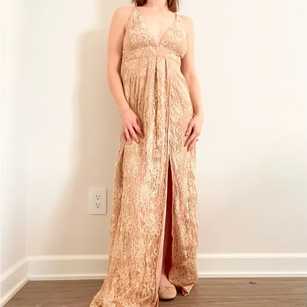 Lulus Stolen Moments Elegant Lace Maxi Dress in Nude - Image 2