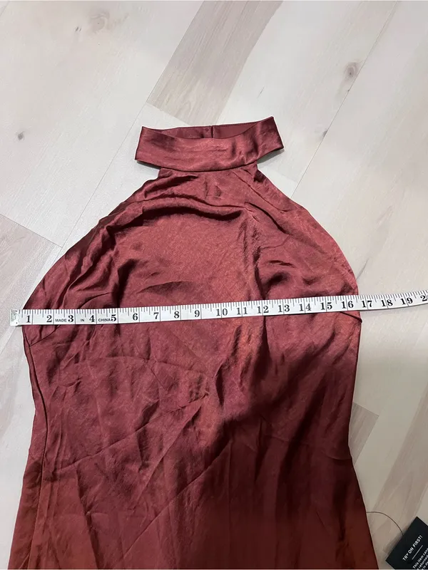 Lulus NWT Women Large Rusty Brown Halter Satin Maxi Dress - Image 14