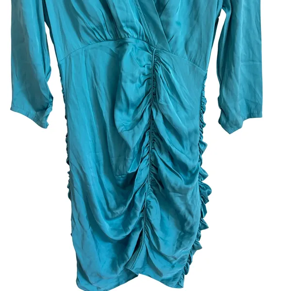 Catherine Malandrino Turquoise Silk Ruched V-Neck Mini Dress Size 8 Teal 3/4 Slv - Image 3