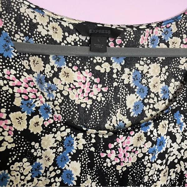 Vintage Express Slip Dress Long Sleeves Black Blue Ditsy Floral Y2K Large - Image 3