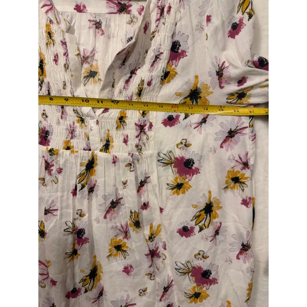 Lucky Brand Floral Peasant Blouse Womens Large White Pink Yellow Smocked 7WP4242 - Image 4