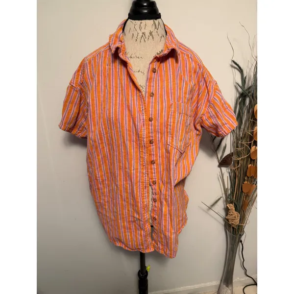 Pilcro Orange Pink‎ Stripe Button Down Shirt Women's Size M Casual Short Sleeve - Image 2