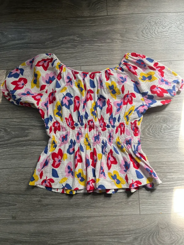Kate Spade White Blue Floral Smocked Scoop Neck Puff Sleeve Cotton Blouse Size M - Image 2
