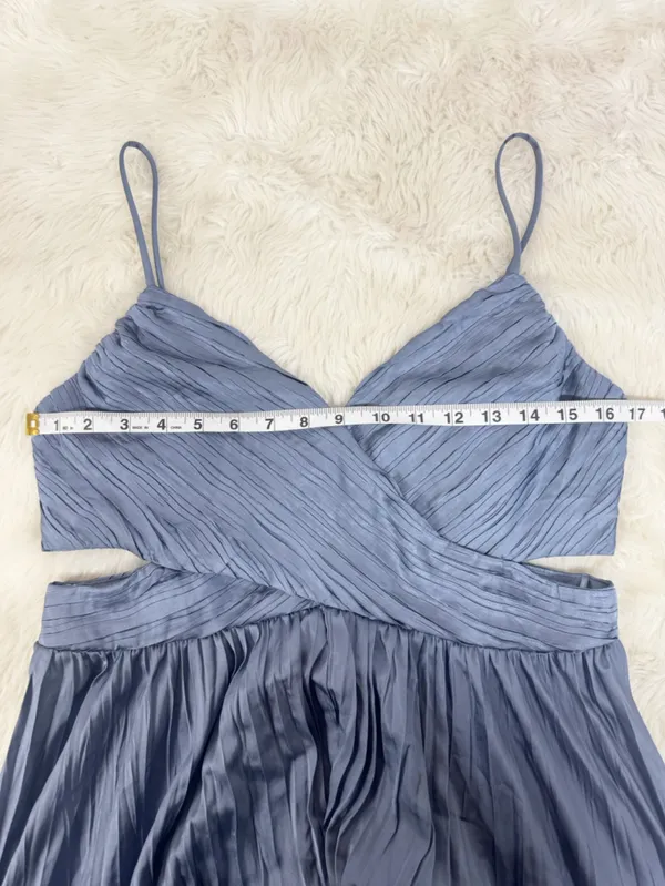 ASTR Capitola Pleated Blue Satin Midi Dress Large Wedding Guest Romantic Party - Image 14
