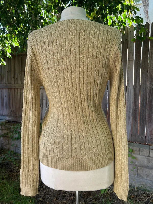Lauren Ralph Lauren Gold lurex v neck cable knit sweater Xmas holidays luxurious - Image 2