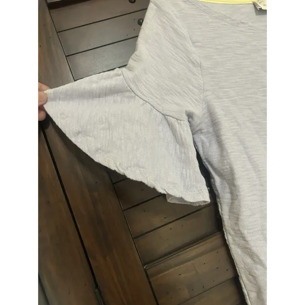 Anthropologie Postage Stamp Ruffle Sleeve Light Blue Curved Hem Cotton Top Small - Image 3