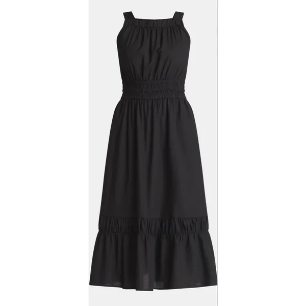 Time and Tru Black Smocked Midi Dress Sleeveless Tiered A Line Pocket Size L - Image 3