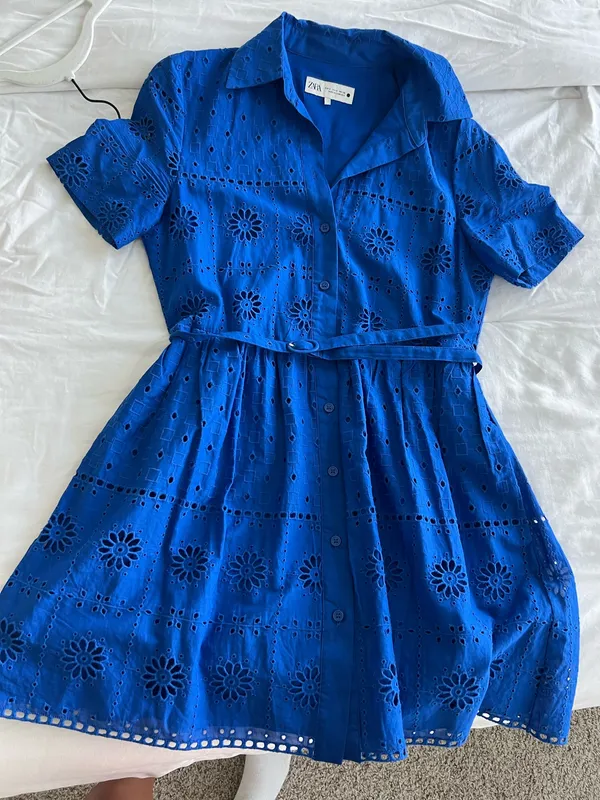 Zara Cobalt Eyelet Shirt Dress with Tie Belt - Image 2
