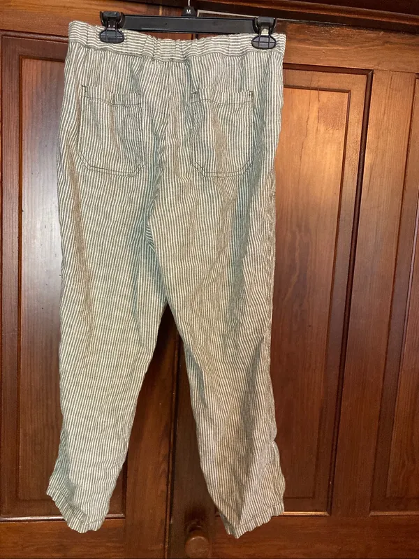 Anthropologie Green Stripe Seashore Linen Cotton Pants Medium - Image 3