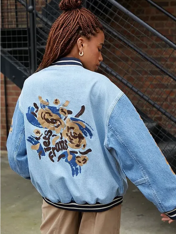 iets frans Blue Denim Embroidered Varsity Jacket Size XS - Image 2