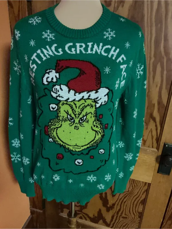 The Grinch Resting Grinch Face Christmas Ugly Sweater Green Medium Dr Seuss - Image 9