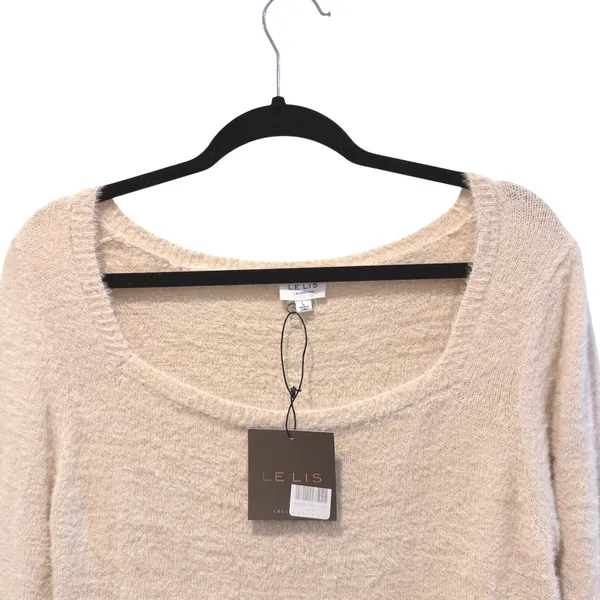LE LIS Square Neck Eyelash‎ Knit Sweater Cream NWT Puff Sleeve Women Large Soft - Image 2