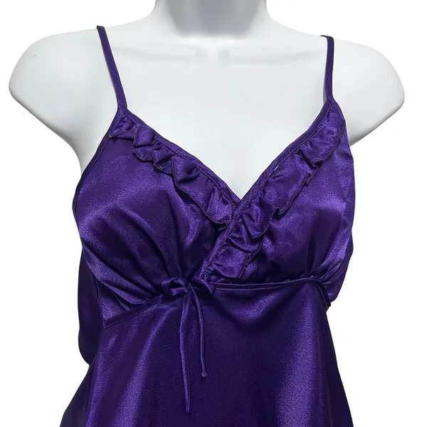 Purple Satin Babydoll Cami Top L Y2K Ruffle Trim Empire‎ Waist Romantic Coquette - Image 3