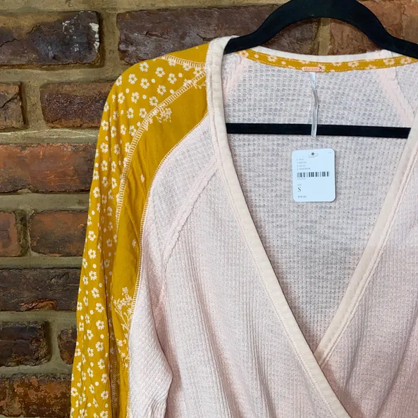 NWT Free People Pink Mustard Yellow Long Sleeve Wrap Auxton Top Women's Small - Image 3