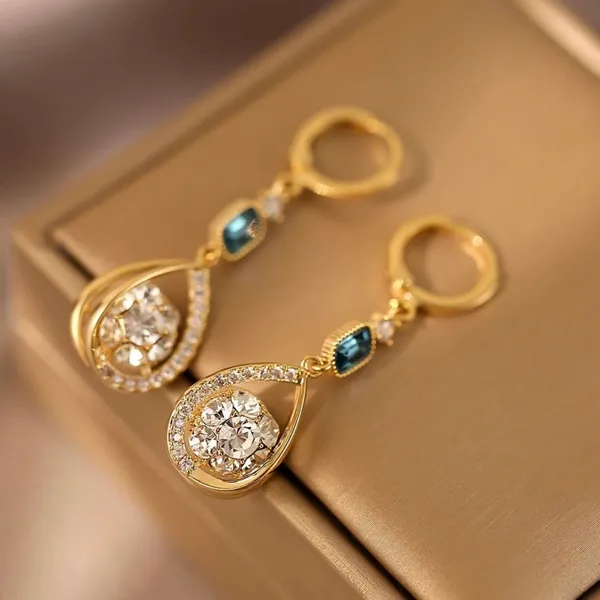 18K Gold Plated CZ Cubic Zirconia Teardrop Shape Dangle Drop Earrings for Women - Image 2