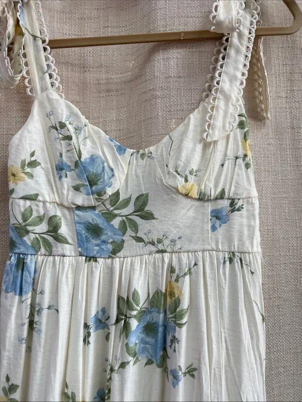 White Blue Yellow Floral Tiered Midi Dress Lace Tie Straps Large - Image 8