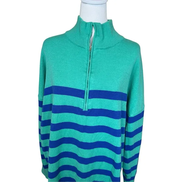 Wiholl Half Zip Mock Neck Sweater Size XL Turquoise Blue Striped Preppy Coastal - Image 3
