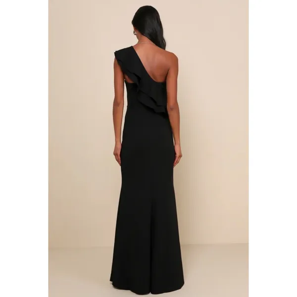 Lulus Ruffle Some Feathers Black One-Shoulder Mermaid Maxi Dress Size S - Image 2