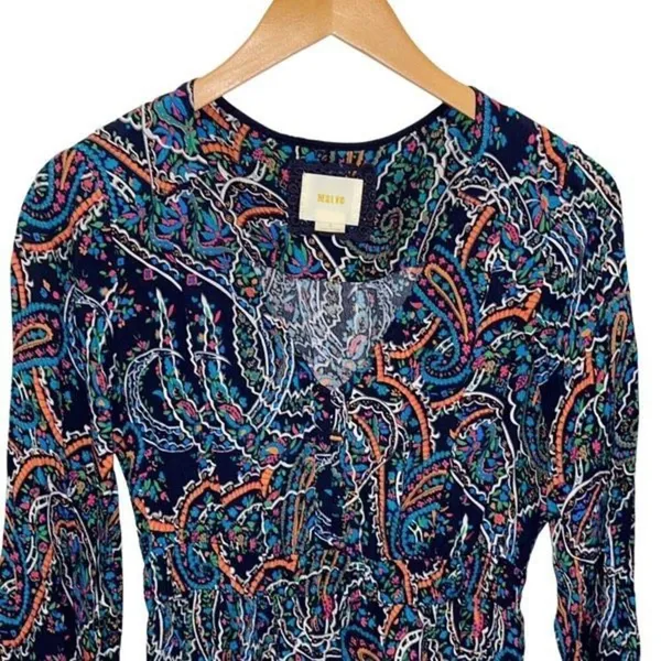 Anthropologie Maeve Women’s Paisley Long Sleeve V-Neck Dress Maplewood Blue Smal - Image 5