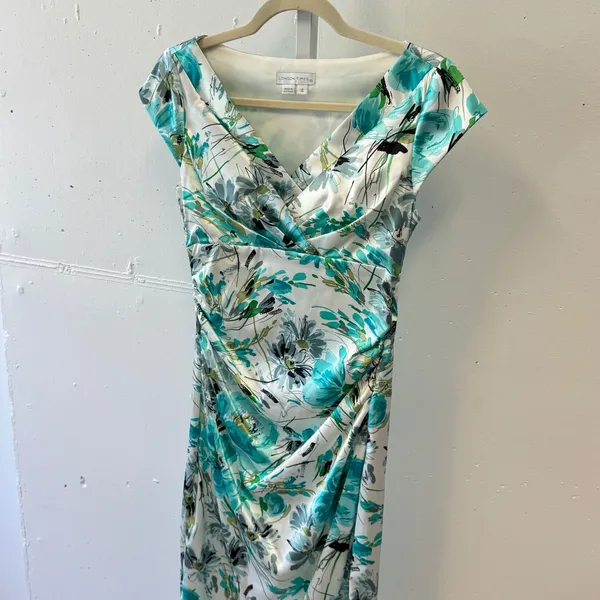 London Times Teal Green‎ Floral Ruched Sheath Satin Midi Dress Size 4 Cap Sleeve - Image 4