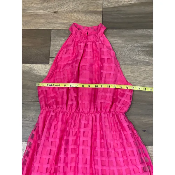 ChicWish Pink Dress with Solid & Sheer Checkered Overlay Halter Ruffle Neck Sz M - Image 7