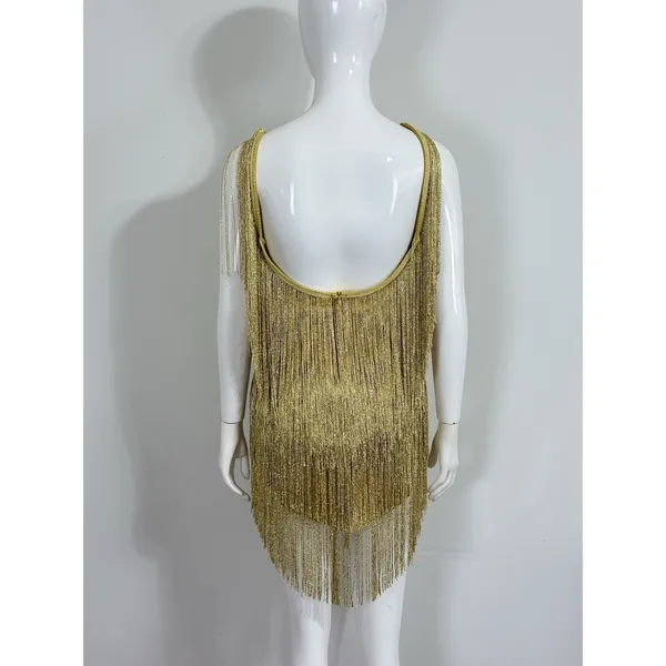 Women’s Yellow Gold Flapper Fringe Gypsy Mini Dress Low Back Party Dance Size S - Image 6