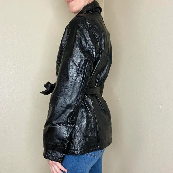 Leather Works Vintage  Black Patchwork Leather Waist Tie Jacket - Image 5