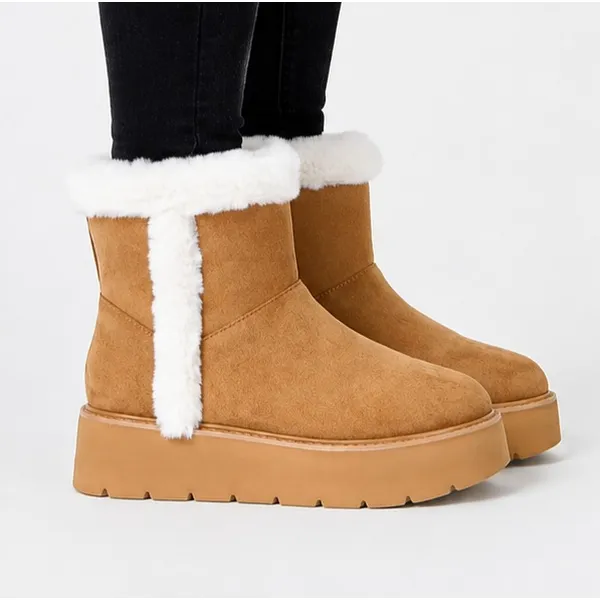 Time and Tru Womens Ankle Boots Size 7 Tan Platform Mini Cozy Faux Fur Pull On - Image 3