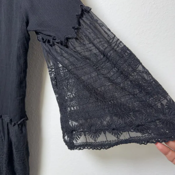 Easel Women Cotton Whimsigoth Fairy Grunge Top‎ Black Lace Bell Sleeve Peasant - Image 6
