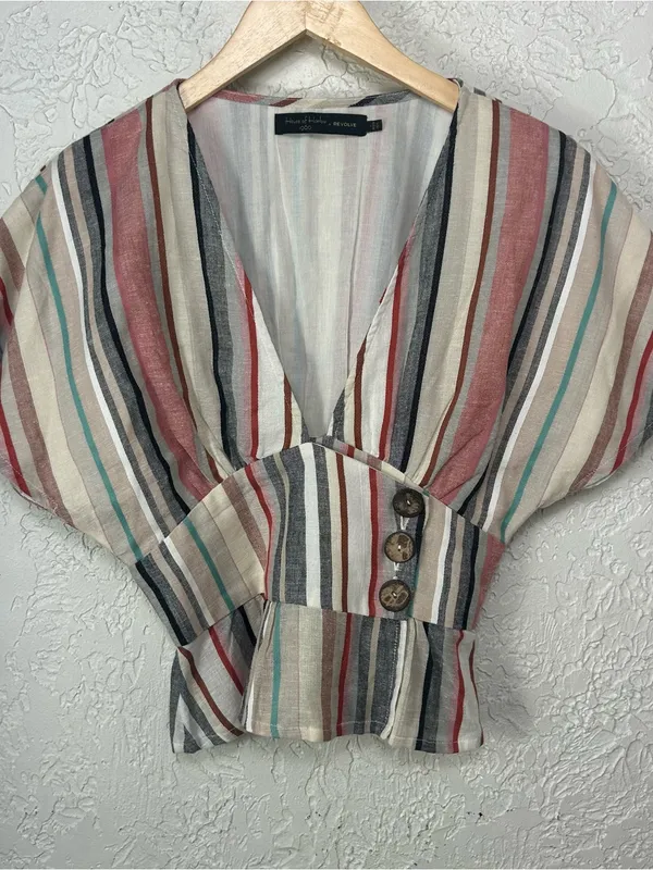 House Of Harlow x REVOLVE Striped Linen Blend Bell Sleeve V Neck Blouse Size S - Image 5