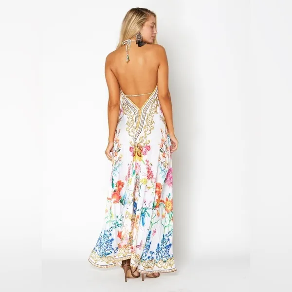 Renee’s White Floral V Neck Embellished Halter Satin Maxi Dress One Size - Image 2