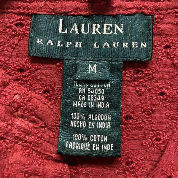 Lauren Ralph Lauren Red Eyelet Button Up Shirt Women Medium Roll Up Sleeve LRL - Image 6