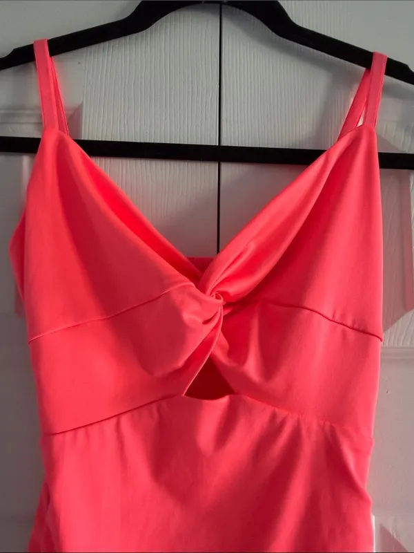 Katie J NYC Neon Pink Mini Dress Ruched Bodycon Cutout Knot Front XS Adjustable - Image 2