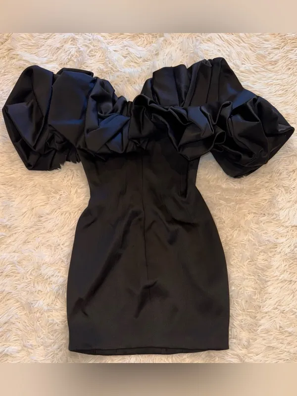 NEW House of CB SELENA Black Satin Puff Off the Shoulder mini Dress sz XS - Image 9