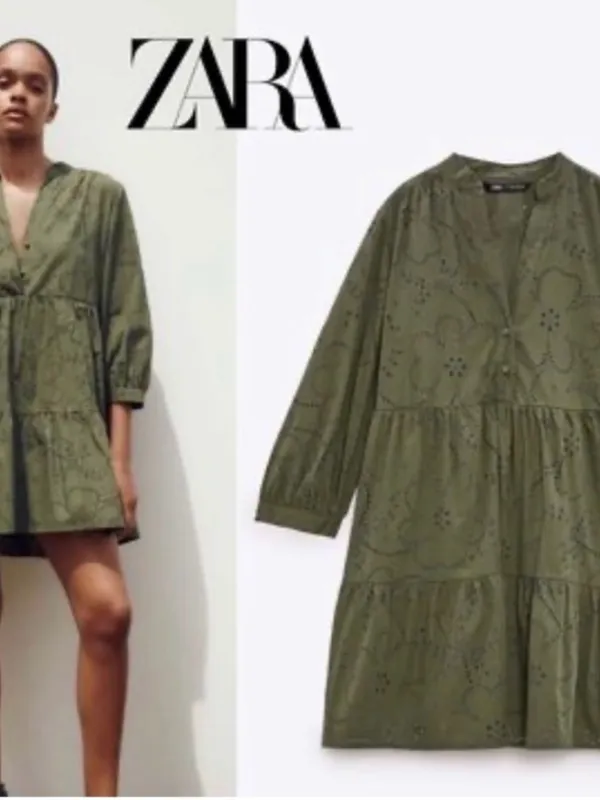 ZARA Olive Eyelet Tiered Mini Dress - Image 2