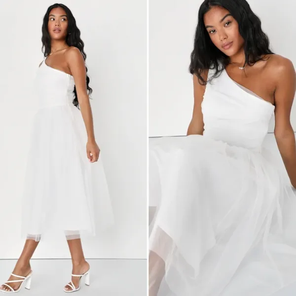 LULUS Bridal Bachelorette Engagement Bridal Shower Sexy One Shoulder Midi Dress - Image 3
