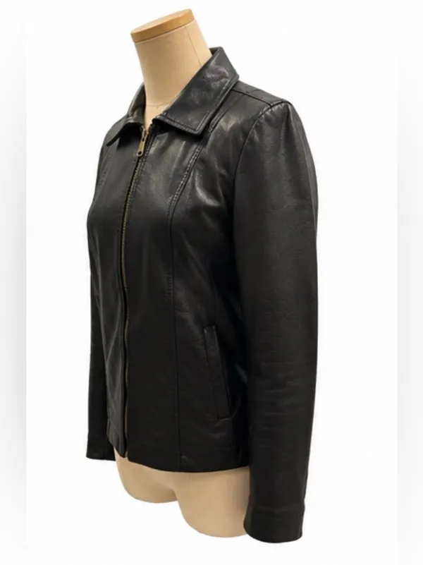 Baccini Black Faux Leather Zip Front Jacket Small Realistic Leather Look - Image 2