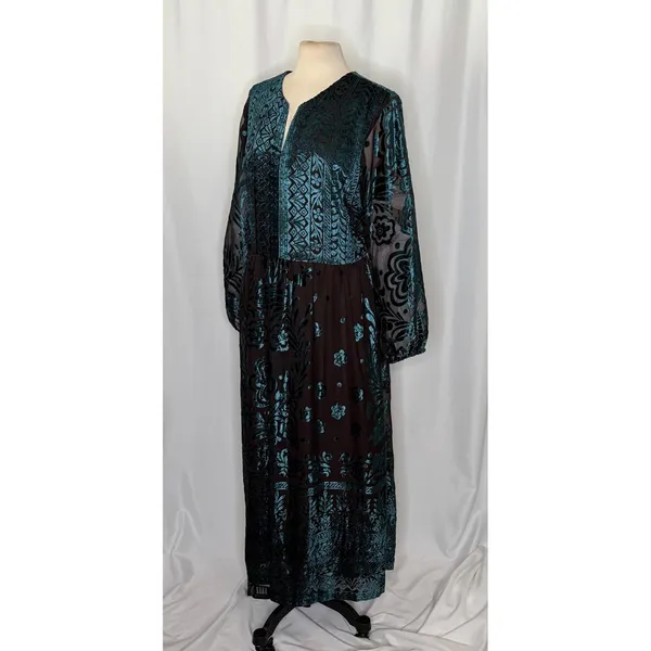 SOFT SURROUNDINGS‎ Floral Velvet Dimora Maxi Dress Teal Brown Burnout X-Large - Image 4