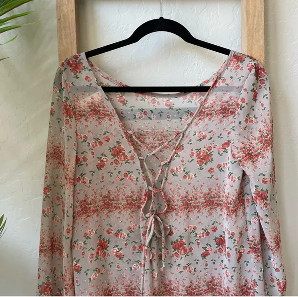 Lovely Day Floral Slightly Sheer Boho Long Sleeve Lace Up Back Top Blouse - Image 5