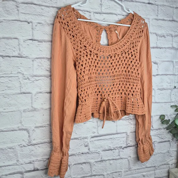 Free People Megan Crochet Peplum Blouse Open Back Boho Top Terracotta Gauze S - Image 4