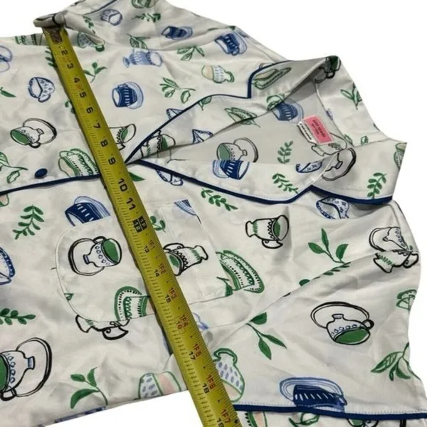 Kate Spade Blue Green Novelty Coffee Print Satin Pajama‎ Top Cozy Feminine XS - Image 9
