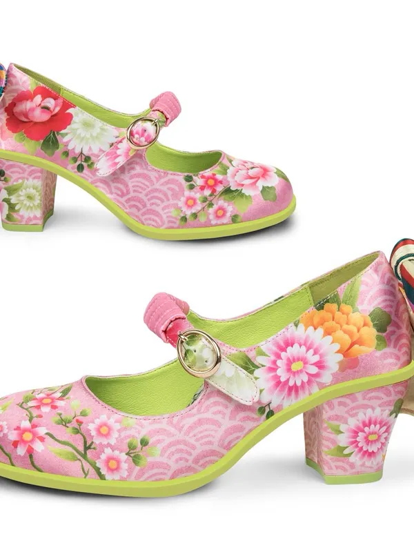 Pink Floral Mary Jane Block Heel Pumps - Image 5