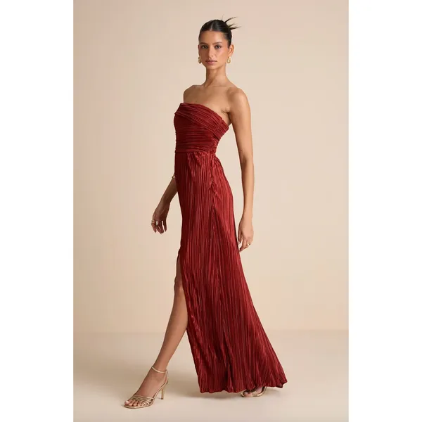 Lulus Poised Performance Rust Red Plisse One-Shoulder Maxi Dress Formal S NWT - Image 5