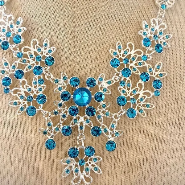 Silver Tone blue Rhinestone Statement Bib Necklace Drop Pendant - Image 2